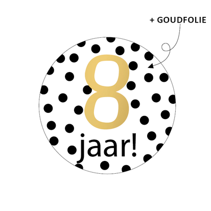 Sticker 8 jaar dots zwart/wit/goud