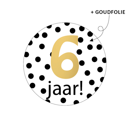 Sticker 6 jaar dots zwart/wit/goud