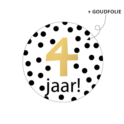 Sticker 4 jaar dots zwart/wit/goud