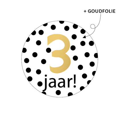 Sticker 3 jaar dots zwart/wit/goud