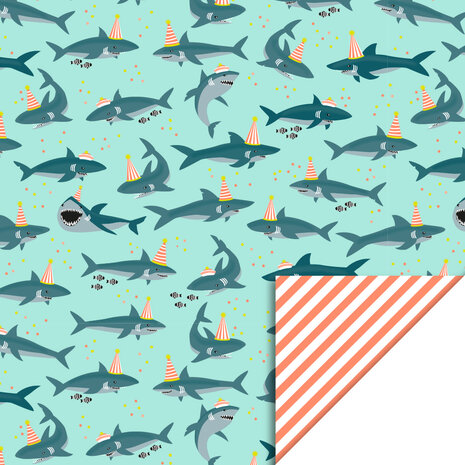 Cadeaupapier Shark Pastel Mint - Stripe Fluor Orange 