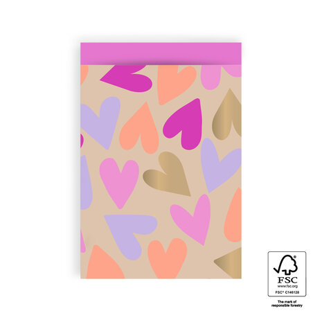 Cadeauzakjes Big Hearts Gold - Bright Pink 17 x 25 cm 